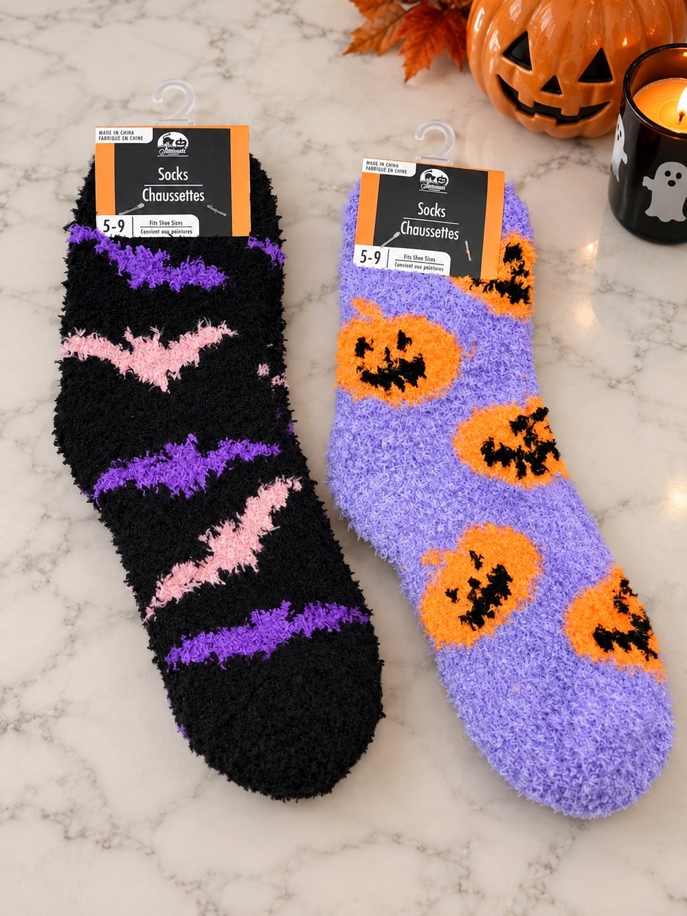 Halloween Fuzzy Cozy Socks Bat Pumpkin 2 Pair Size 5-9 NWT
